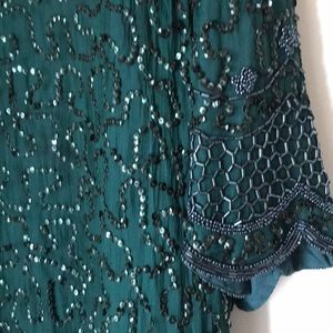 Vintage silk beaded dress. Dk green 2X midi